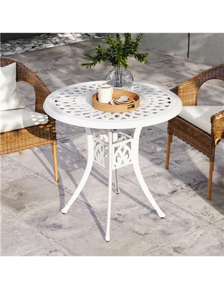 Outsunny 78 cm Round Garden Dining Table with Parasol Hole Antique Cast Aluminium Outdoor Table Only, White