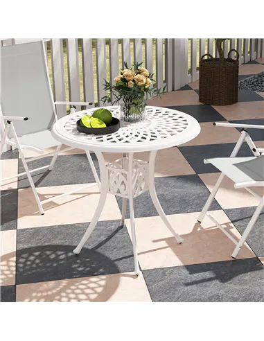 Outsunny 78 cm Round Garden Dining Table with Parasol Hole Antique Cast Aluminium Outdoor Table Only, White