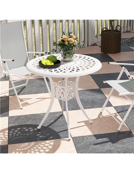 Outsunny 78 cm Round Garden Dining Table with Parasol Hole Antique Cast Aluminium Outdoor Table Only, White
