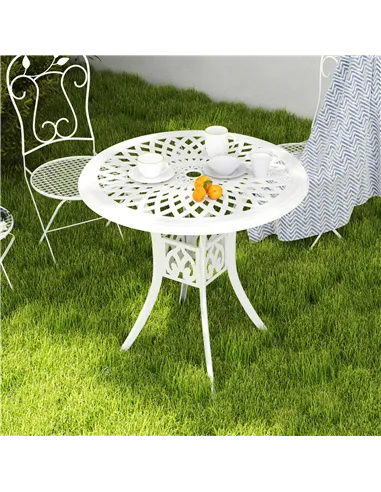 Outsunny 78 cm Round Garden Dining Table with Parasol Hole Antique Cast Aluminium Outdoor Table Only, White