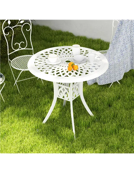 Outsunny 78 cm Round Garden Dining Table with Parasol Hole Antique Cast Aluminium Outdoor Table Only, White