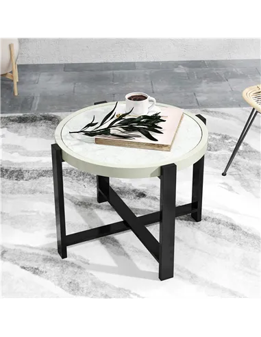 Outsunny Round Small Garden Table, 60cm Outdoor Side Table with Faux Marble Tempered Glass Top, Aluminium Frame for Garden, Pati