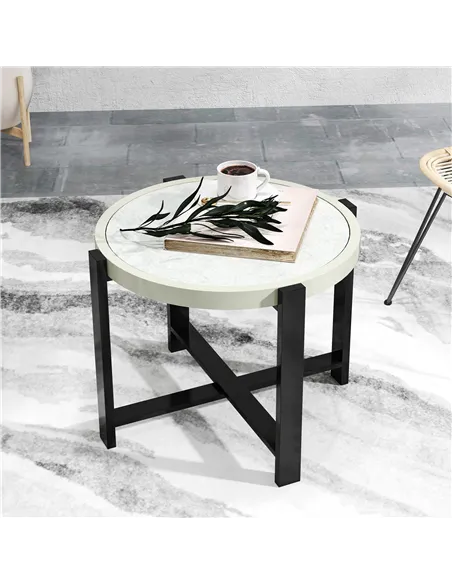 Outsunny Round Small Garden Table, 60cm Outdoor Side Table with Faux Marble Tempered Glass Top, Aluminium Frame for Garden, Pati