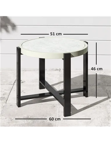 Outsunny Round Small Garden Table, 60cm Outdoor Side Table with Faux Marble Tempered Glass Top, Aluminium Frame for Garden, Pati