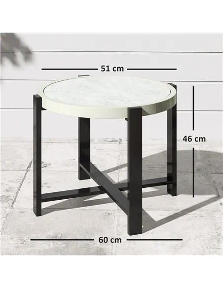Outsunny Round Small Garden Table, 60cm Outdoor Side Table with Faux Marble Tempered Glass Top, Aluminium Frame for Garden, Pati