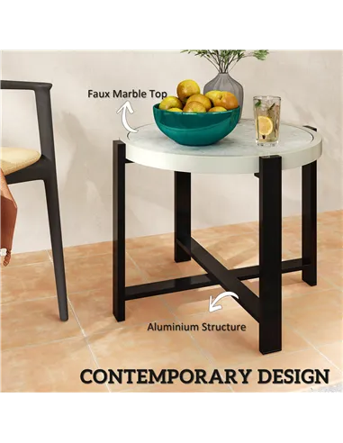 Outsunny Round Small Garden Table, 60cm Outdoor Side Table with Faux Marble Tempered Glass Top, Aluminium Frame for Garden, Pati