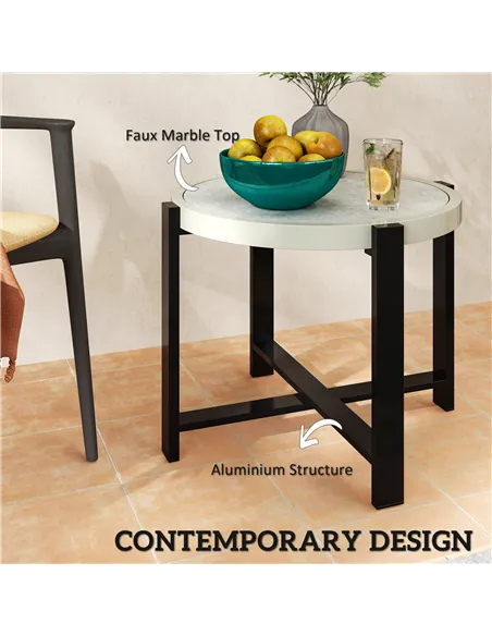 Outsunny Round Small Garden Table, 60cm Outdoor Side Table with Faux Marble Tempered Glass Top, Aluminium Frame for Garden, Pati