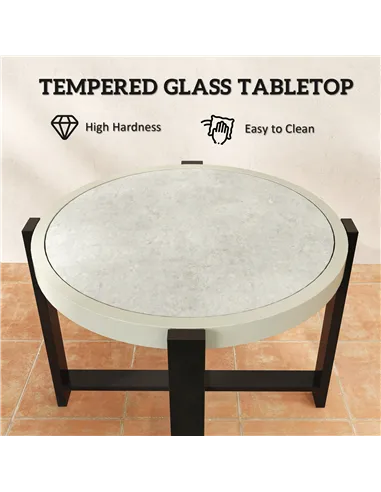 Outsunny Round Small Garden Table, 60cm Outdoor Side Table with Faux Marble Tempered Glass Top, Aluminium Frame for Garden, Pati