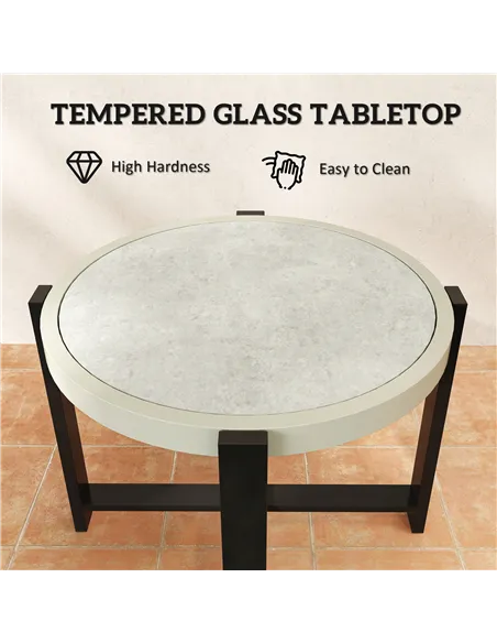 Outsunny Round Small Garden Table, 60cm Outdoor Side Table with Faux Marble Tempered Glass Top, Aluminium Frame for Garden, Pati