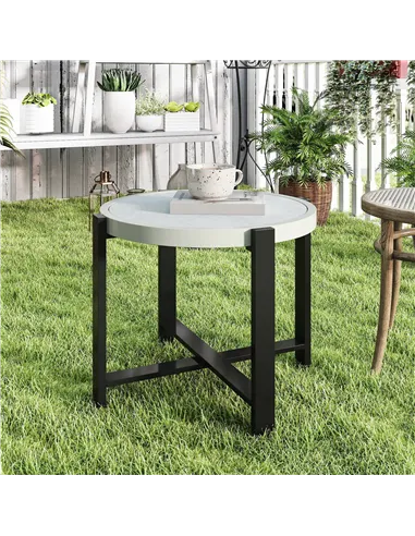 Outsunny Round Small Garden Table, 60cm Outdoor Side Table with Faux Marble Tempered Glass Top, Aluminium Frame for Garden, Pati