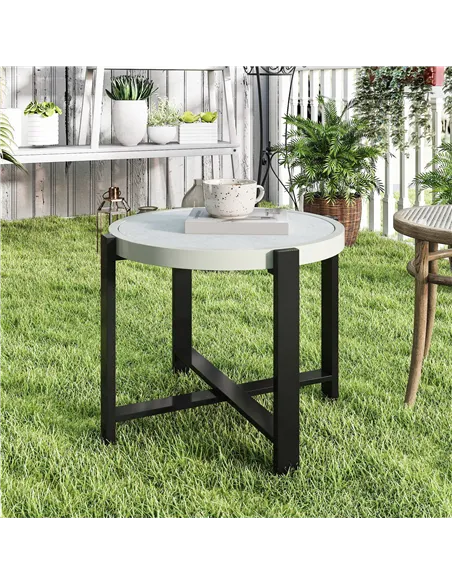 Outsunny Round Small Garden Table, 60cm Outdoor Side Table with Faux Marble Tempered Glass Top, Aluminium Frame for Garden, Pati
