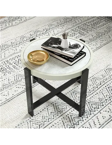 Outsunny Round Small Garden Table, 60cm Outdoor Side Table with Faux Marble Tempered Glass Top, Aluminium Frame for Garden, Pati