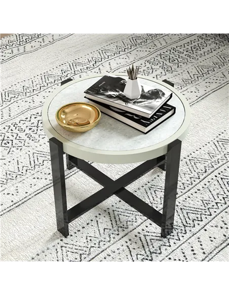 Outsunny Round Small Garden Table, 60cm Outdoor Side Table with Faux Marble Tempered Glass Top, Aluminium Frame for Garden, Pati