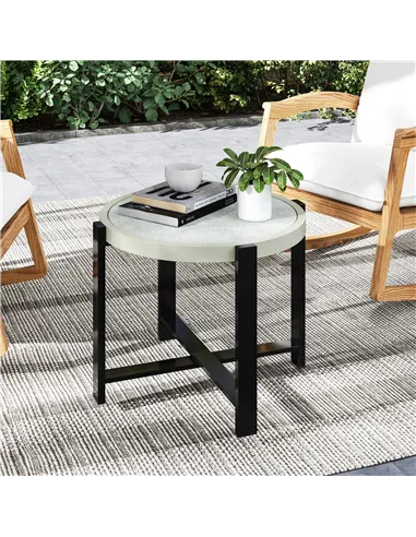 Outsunny Round Small Garden Table, 60cm Outdoor Side Table with Faux Marble Tempered Glass Top, Aluminium Frame for Garden, Pati