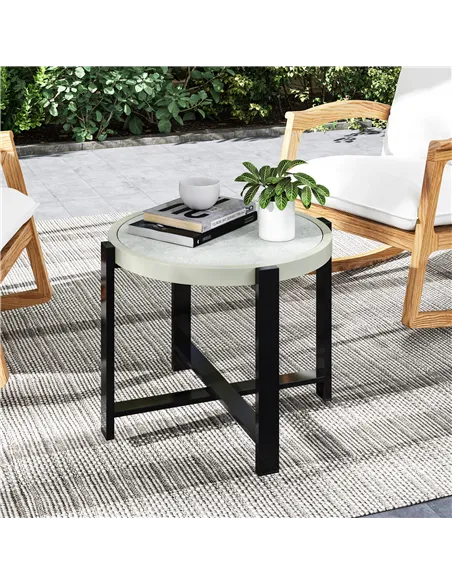 Outsunny Round Small Garden Table, 60cm Outdoor Side Table with Faux Marble Tempered Glass Top, Aluminium Frame for Garden, Pati