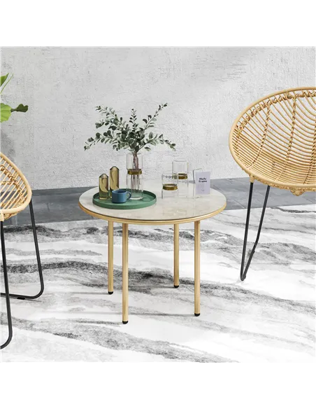 Outsunny Round Coffee Table, Modern End Side Table with Faux Marble Tempered Glass Top, Steel Frame for Living Room, Bedroom, Of