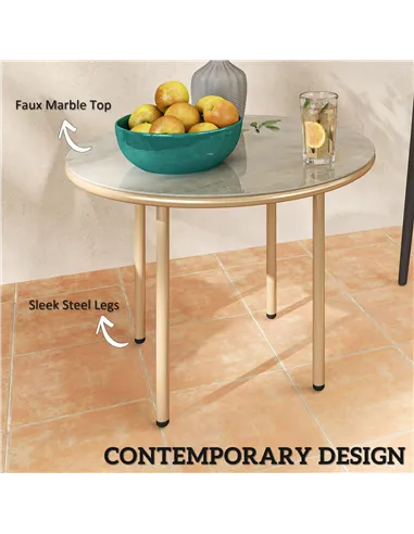 Outsunny Round Coffee Table, Modern End Side Table with Faux Marble Tempered Glass Top, Steel Frame for Living Room, Bedroom, Of