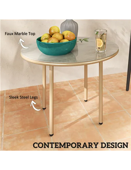 Outsunny Round Coffee Table, Modern End Side Table with Faux Marble Tempered Glass Top, Steel Frame for Living Room, Bedroom, Of