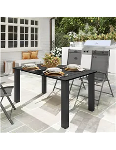 Outsunny Garden Table with Parasol Hole for 6 Person, Rectangle Outdoor Dining Table with Slatted Metal Tabletop, Steel Frame fo 2