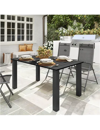 Outsunny Garden Table with Parasol Hole for 6 Person, Rectangle Outdoor Dining Table with Slatted Metal Tabletop, Steel Frame fo