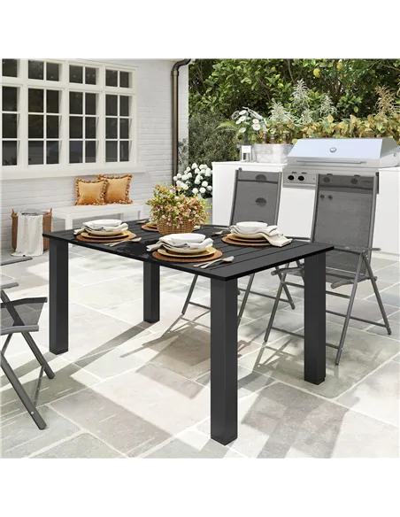 Outsunny Garden Table with Parasol Hole for 6 Person, Rectangle Outdoor Dining Table with Slatted Metal Tabletop, Steel Frame fo