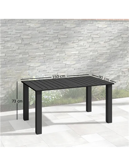 Outsunny Garden Table with Parasol Hole for 6 Person, Rectangle Outdoor Dining Table with Slatted Metal Tabletop, Steel Frame fo