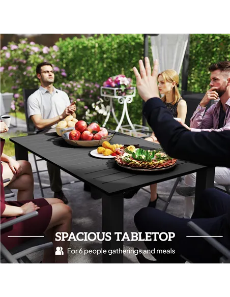 Outsunny Garden Table with Parasol Hole for 6 Person, Rectangle Outdoor Dining Table with Slatted Metal Tabletop, Steel Frame fo