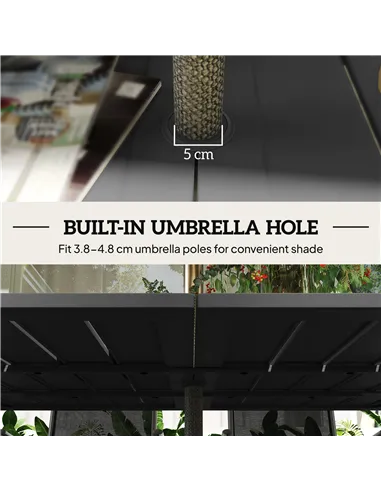 Outsunny Garden Table with Parasol Hole for 6 Person, Rectangle Outdoor Dining Table with Slatted Metal Tabletop, Steel Frame fo