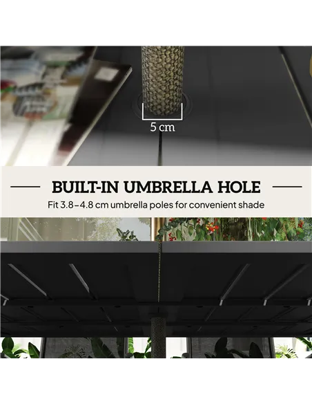 Outsunny Garden Table with Parasol Hole for 6 Person, Rectangle Outdoor Dining Table with Slatted Metal Tabletop, Steel Frame fo