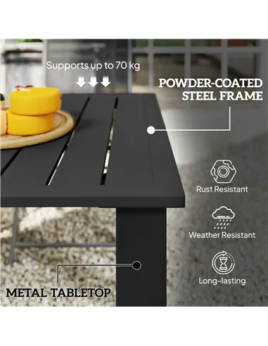 Outsunny Garden Table with Parasol Hole for 6 Person, Rectangle Outdoor Dining Table with Slatted Metal Tabletop, Steel Frame fo