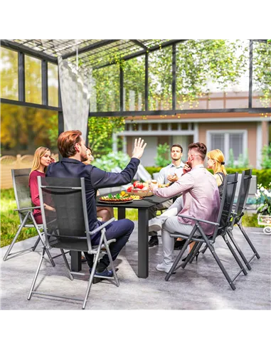 Outsunny Garden Table with Parasol Hole for 6 Person, Rectangle Outdoor Dining Table with Slatted Metal Tabletop, Steel Frame fo