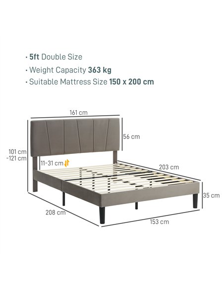 HOMCOM King Size Bed Frame, with Velvet-Feel Headboard - Grey