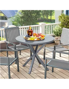 Outsunny Garden Table, 85cm Round Outdoor Dining Table with Steel Frame, Wood Effect Top, for Balcony, Deck, Dark Grey 2
