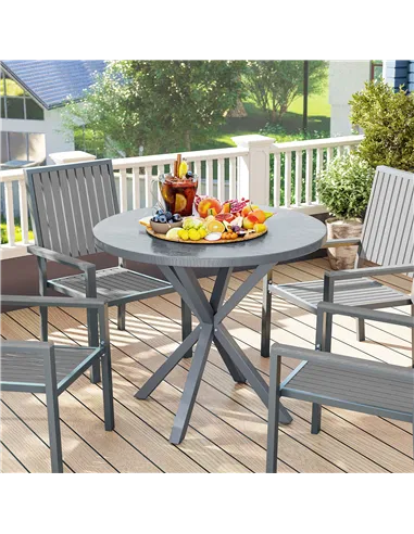 Outsunny Garden Table, 85cm Round Outdoor Dining Table with Steel Frame, Wood Effect Top, for Balcony, Deck, Dark Grey