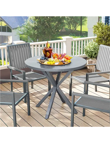 Outsunny Garden Table, 85cm Round Outdoor Dining Table with Steel Frame, Wood Effect Top, for Balcony, Deck, Dark Grey