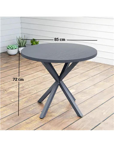 Outsunny Garden Table, 85cm Round Outdoor Dining Table with Steel Frame, Wood Effect Top, for Balcony, Deck, Dark Grey