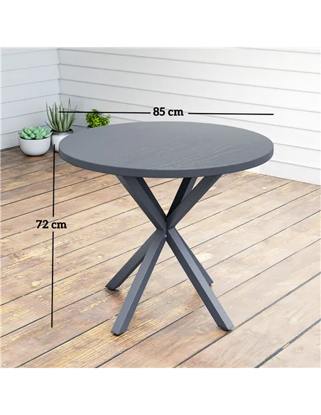 Outsunny Garden Table, 85cm Round Outdoor Dining Table with Steel Frame, Wood Effect Top, for Balcony, Deck, Dark Grey