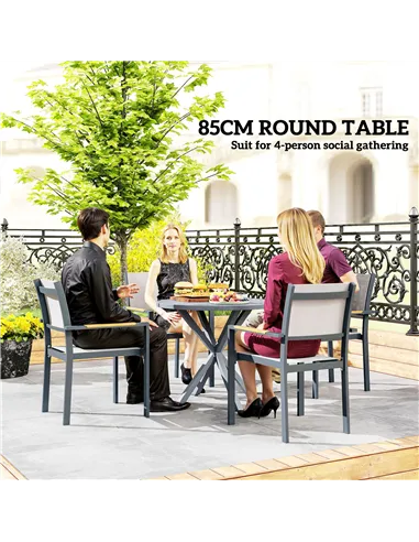 Outsunny Garden Table, 85cm Round Outdoor Dining Table with Steel Frame, Wood Effect Top, for Balcony, Deck, Dark Grey