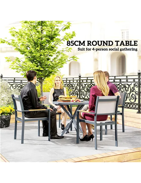 Outsunny Garden Table, 85cm Round Outdoor Dining Table with Steel Frame, Wood Effect Top, for Balcony, Deck, Dark Grey