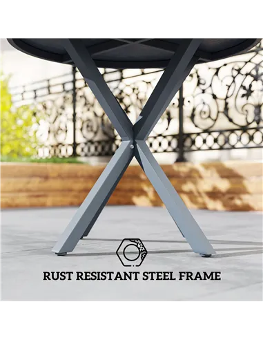 Outsunny Garden Table, 85cm Round Outdoor Dining Table with Steel Frame, Wood Effect Top, for Balcony, Deck, Dark Grey