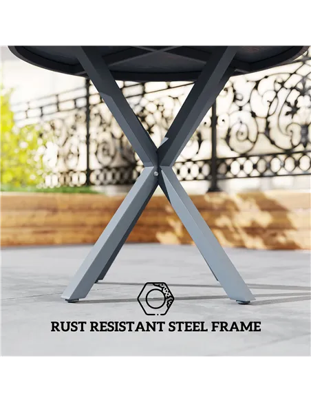 Outsunny Garden Table, 85cm Round Outdoor Dining Table with Steel Frame, Wood Effect Top, for Balcony, Deck, Dark Grey