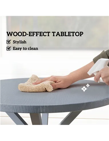 Outsunny Garden Table, 85cm Round Outdoor Dining Table with Steel Frame, Wood Effect Top, for Balcony, Deck, Dark Grey