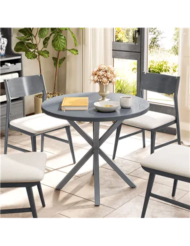 Outsunny Garden Table, 85cm Round Outdoor Dining Table with Steel Frame, Wood Effect Top, for Balcony, Deck, Dark Grey