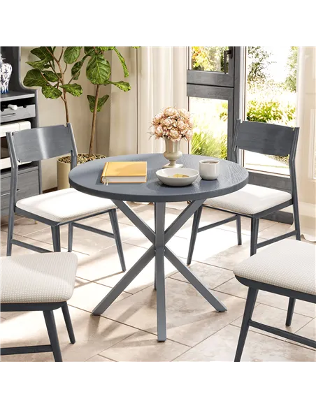 Outsunny Garden Table, 85cm Round Outdoor Dining Table with Steel Frame, Wood Effect Top, for Balcony, Deck, Dark Grey