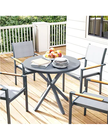 Outsunny Garden Table, 85cm Round Outdoor Dining Table with Steel Frame, Wood Effect Top, for Balcony, Deck, Dark Grey