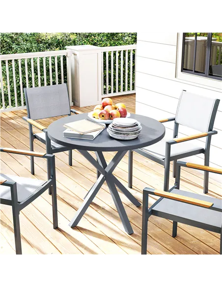Outsunny Garden Table, 85cm Round Outdoor Dining Table with Steel Frame, Wood Effect Top, for Balcony, Deck, Dark Grey