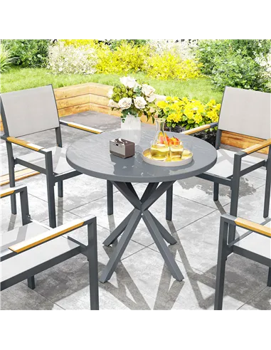 Outsunny Garden Table, 85cm Round Outdoor Dining Table with Steel Frame, Wood Effect Top, for Balcony, Deck, Dark Grey
