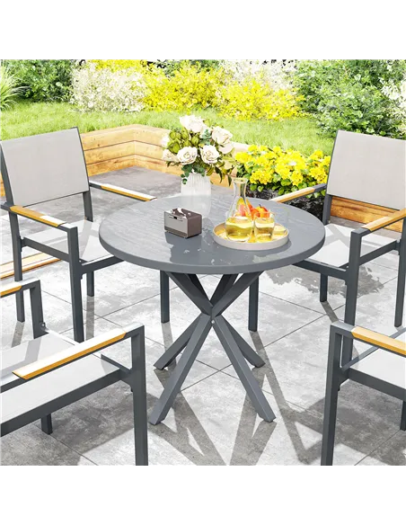 Outsunny Garden Table, 85cm Round Outdoor Dining Table with Steel Frame, Wood Effect Top, for Balcony, Deck, Dark Grey