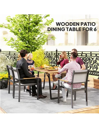 Outsunny 6 Seater Wooden Garden Dining Table, 175 x 80 cm Rectangular Outdoor Dining Table with 5cm Parasol Hole and Slatted Top