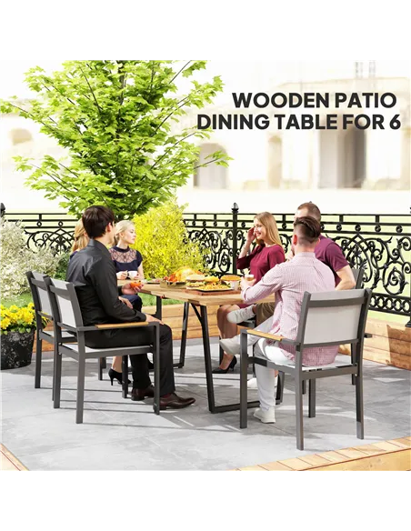 Outsunny 6 Seater Wooden Garden Dining Table, 175 x 80 cm Rectangular Outdoor Dining Table with 5cm Parasol Hole and Slatted Top